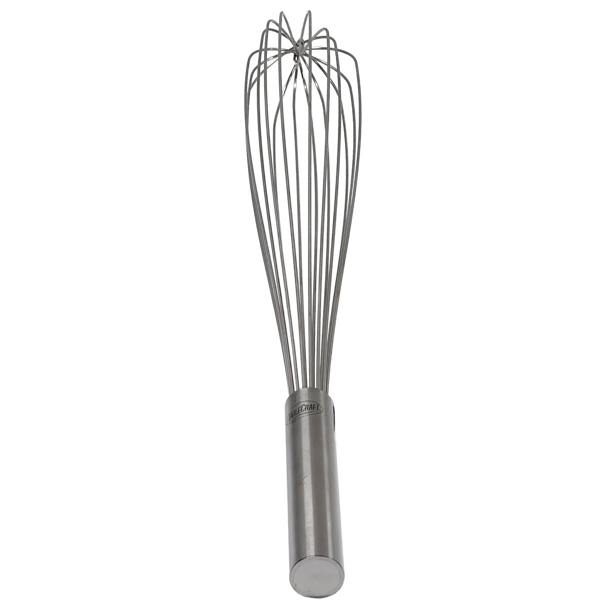 A TableCraft Products stainless steel French Whip with a cylindrical handle and multiple thin wire loops fanning out in a rounded shape, perfect for mixing or whisking ingredients, set against a plain white background.