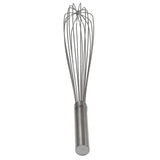 A TableCraft Products stainless steel French Whip with a cylindrical handle and multiple thin wire loops fanning out in a rounded shape, perfect for mixing or whisking ingredients, set against a plain white background.