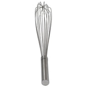 A TableCraft Products stainless steel French Whip with a cylindrical handle and multiple thin wire loops fanning out in a rounded shape, perfect for mixing or whisking ingredients, set against a plain white background.