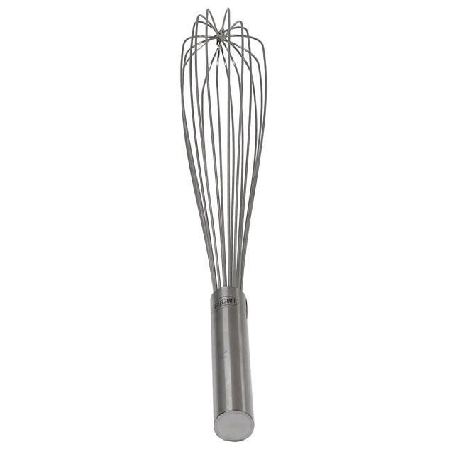 A TableCraft Products stainless steel French Whip with a cylindrical handle and multiple thin wire loops fanning out in a rounded shape, perfect for mixing or whisking ingredients, set against a plain white background.