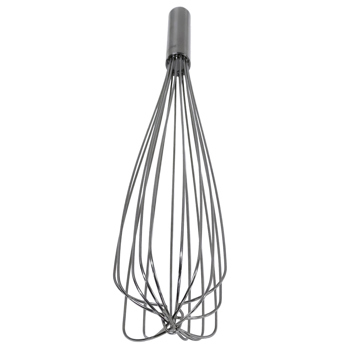 A stainless steel French Whip balloon whisk with a cylindrical handle and multiple looped wires fanning out to form an oval shape, photographed on a white background.