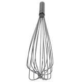 A stainless steel French Whip balloon whisk with a cylindrical handle and multiple looped wires fanning out to form an oval shape, photographed on a white background.
