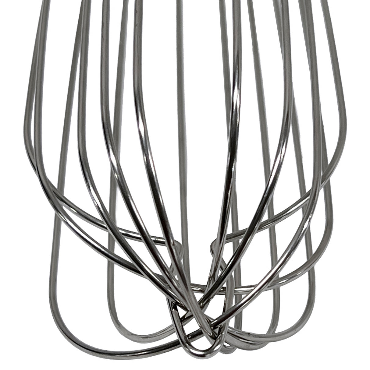 Close-up view of the stainless steel wires of a French Whip, showing shiny, intertwined loops and curves against a white background. The wires are evenly spaced and form a geometric, open structure typical of TableCraft Products.