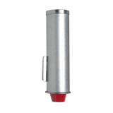A cylindrical silver metal pen with a sleek, smooth surface is shown upright, resembling an adjustable cup dispenser. It has a silver clip on its side and a prominent red tip at the bottom. The background is plain white.