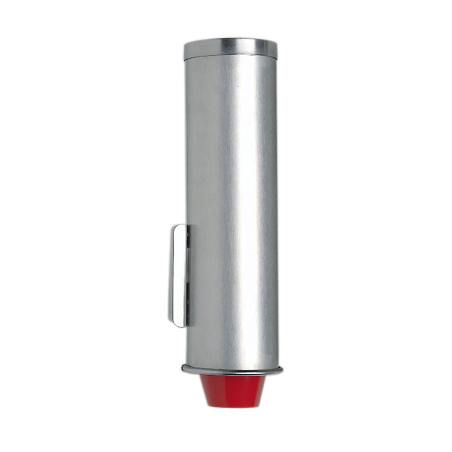 A cylindrical silver metal pen with a sleek, smooth surface is shown upright, resembling an adjustable cup dispenser. It has a silver clip on its side and a prominent red tip at the bottom. The background is plain white.
