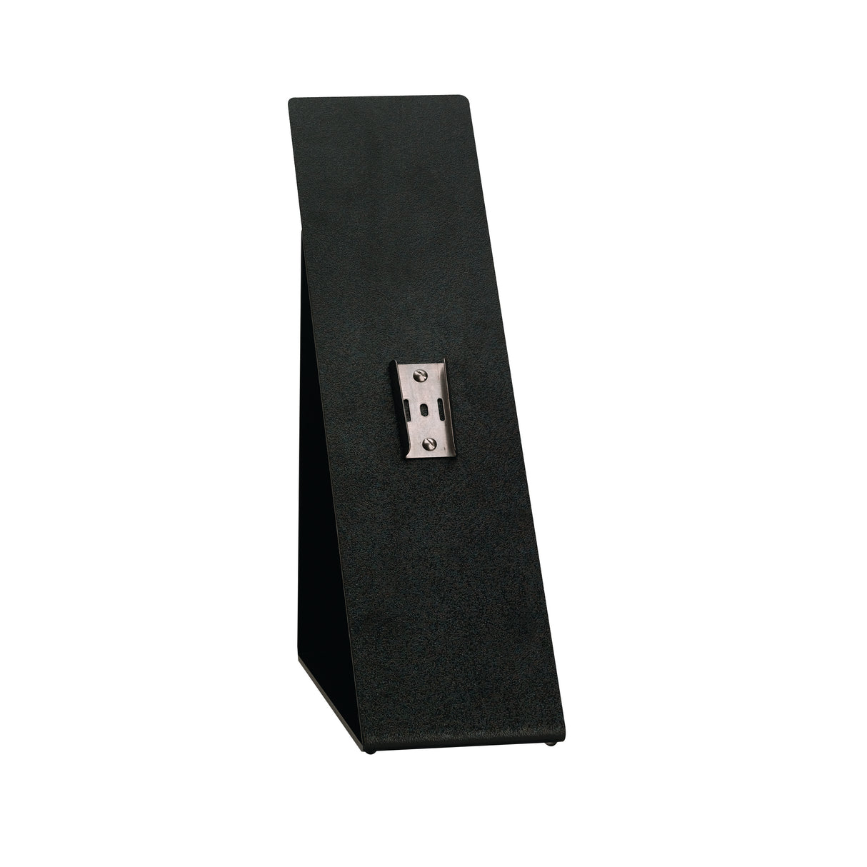 The Dispense-Rite SFL-STAND-1 is a black, upright, rectangular Angled Stand with a metal mounting bracket at its center. Its design features a slightly angled back and flat base to securely support or display items vertically.