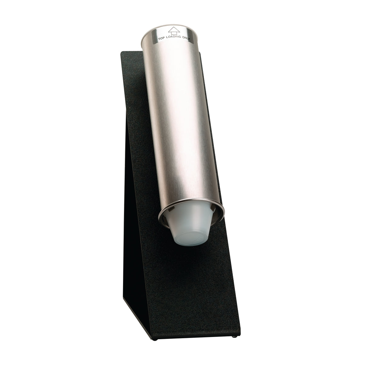 A silver, cylindrical Dispense-Rite countertop dispenser holds disposable plastic cups. Mounted on a black SFL-STAND-1 angled stand, one cup protrudes slightly from the bottom opening. The background is plain white.