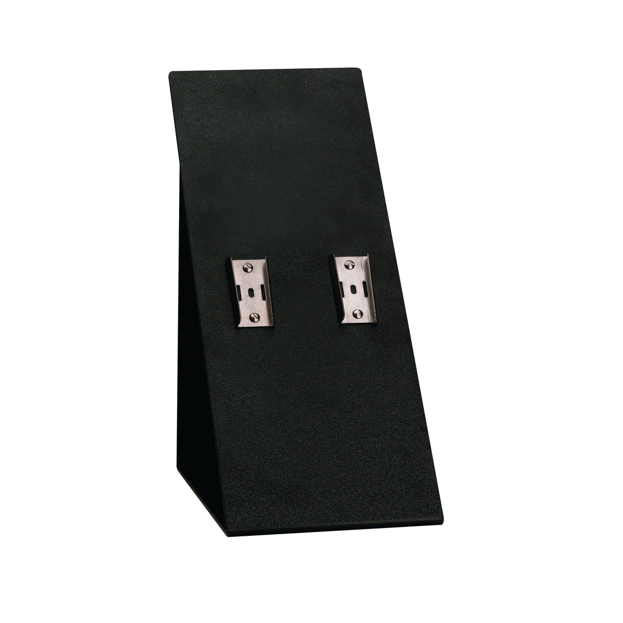 A black, angled stand with two silver metal clips attached to its front, set against a white background. This minimalist plastic stand is ideal for showcasing small items such as jewelry or accessories.