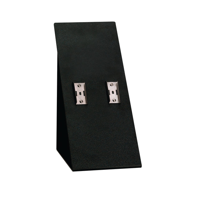 A black, angled stand with two silver metal clips attached to its front, set against a white background. This minimalist plastic stand is ideal for showcasing small items such as jewelry or accessories.