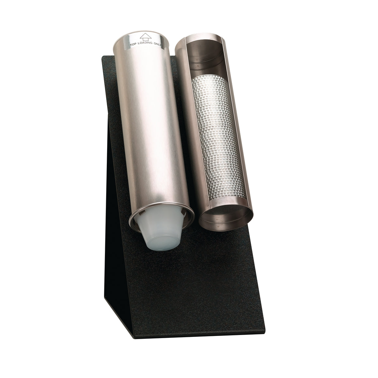 Two stainless steel cylindrical dispensers are mounted on a Dispense-Rite angled stand. One dispenser holds a stack of plastic cups, while the other features a perforated metal surface, likely for holding stirrers or straws.