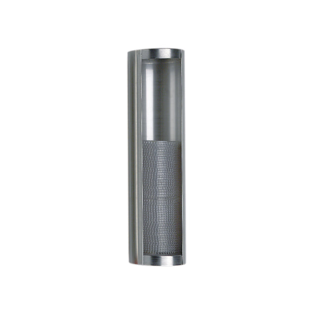 A modern, cylindrical wall sconce with a brushed metal finish reminiscent of a stainless steel lid dispenser. The upper half is smooth, while the lower half features a perforated metal pattern, mounted vertically against a plain white background.