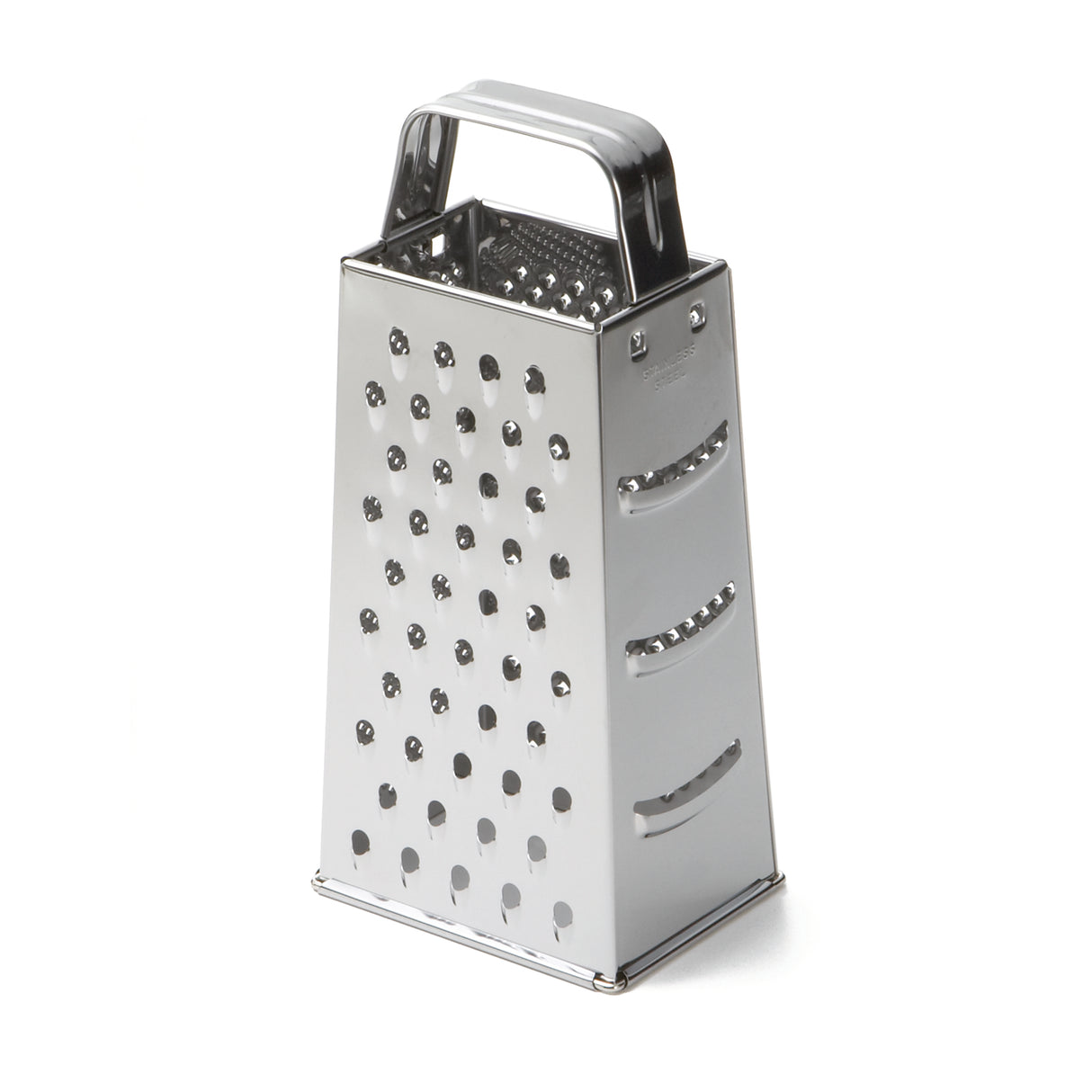A stainless steel box grater with four sides, each featuring different grating holes. It has a sturdy handle for gripping and stands upright on a flat surface. The shiny, reflective grater is also dishwasher safe for easy cleaning.