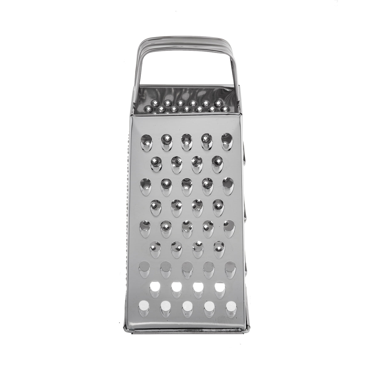 A stainless steel box grater with a handle on top, featuring multiple grating holes of different sizes on its sides. The upright grater is photographed against a white background and is dishwasher safe.