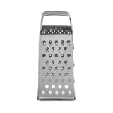 A stainless steel box grater with a handle on top, featuring multiple grating holes of different sizes on its sides. The upright grater is photographed against a white background and is dishwasher safe.