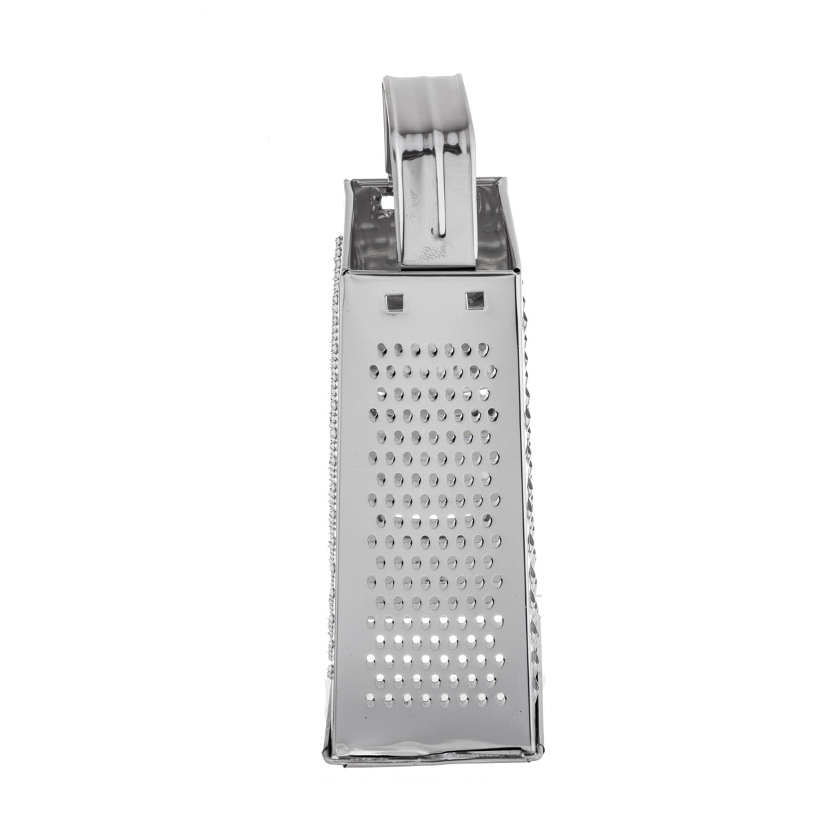 A stainless steel box grater with a handle is shown upright against a white background. Its shiny, reflective surface and medium-sized grating holes make it both efficient and dishwasher safe for easy cleaning.