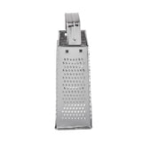 A stainless steel box grater with a handle is shown upright against a white background. Its shiny, reflective surface and medium-sized grating holes make it both efficient and dishwasher safe for easy cleaning.