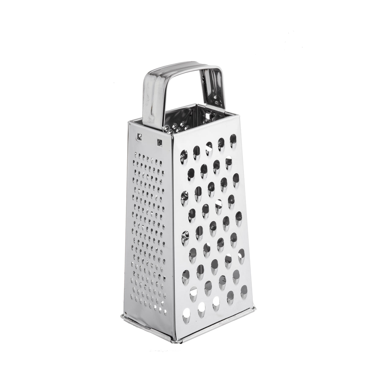 A stainless steel box grater with four sides, each featuring different sized grating surfaces and a rectangular handle on top; dishwasher safe and set against a plain white background.