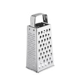 A stainless steel box grater with four sides, each featuring different sized grating surfaces and a rectangular handle on top; dishwasher safe and set against a plain white background.