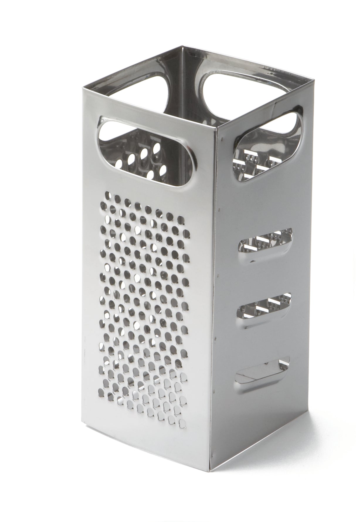 A stainless steel box grater with four sides, each featuring different sizes and shapes of grating surfaces. It is dishwasher safe and has large rectangular handles on top. The grater stands upright on a white background.