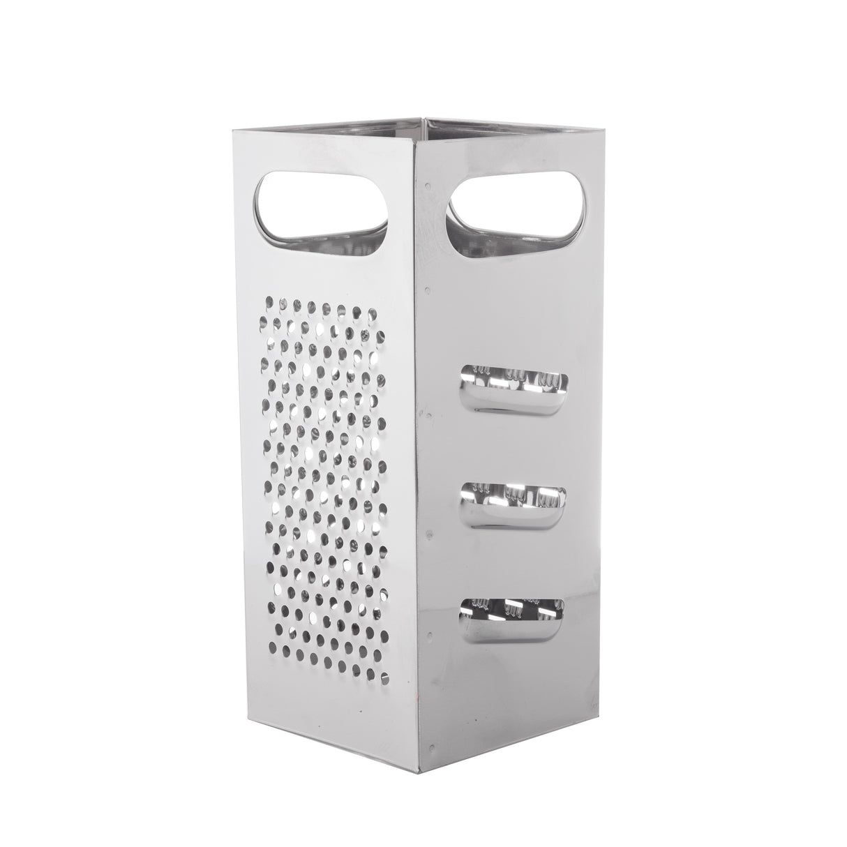 A stainless steel box grater with four sides, each featuring different grating surfaces and two oval handles for easy grip. This dishwasher safe grater has fine and coarse holes for shredding or slicing cheese or vegetables.