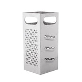 A stainless steel box grater with four sides, each featuring different grating surfaces and two oval handles for easy grip. This dishwasher safe grater has fine and coarse holes for shredding or slicing cheese or vegetables.