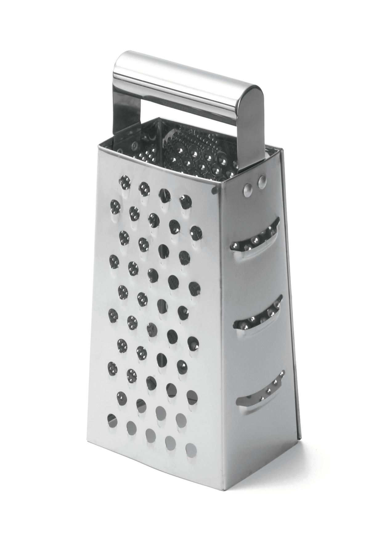 A stainless steel grater with a handle on top, featuring multiple grating surfaces for shredding, slicing, and grating foods like cheese or vegetables. Dishwasher safe, the upright grater stands securely on a flat white surface.