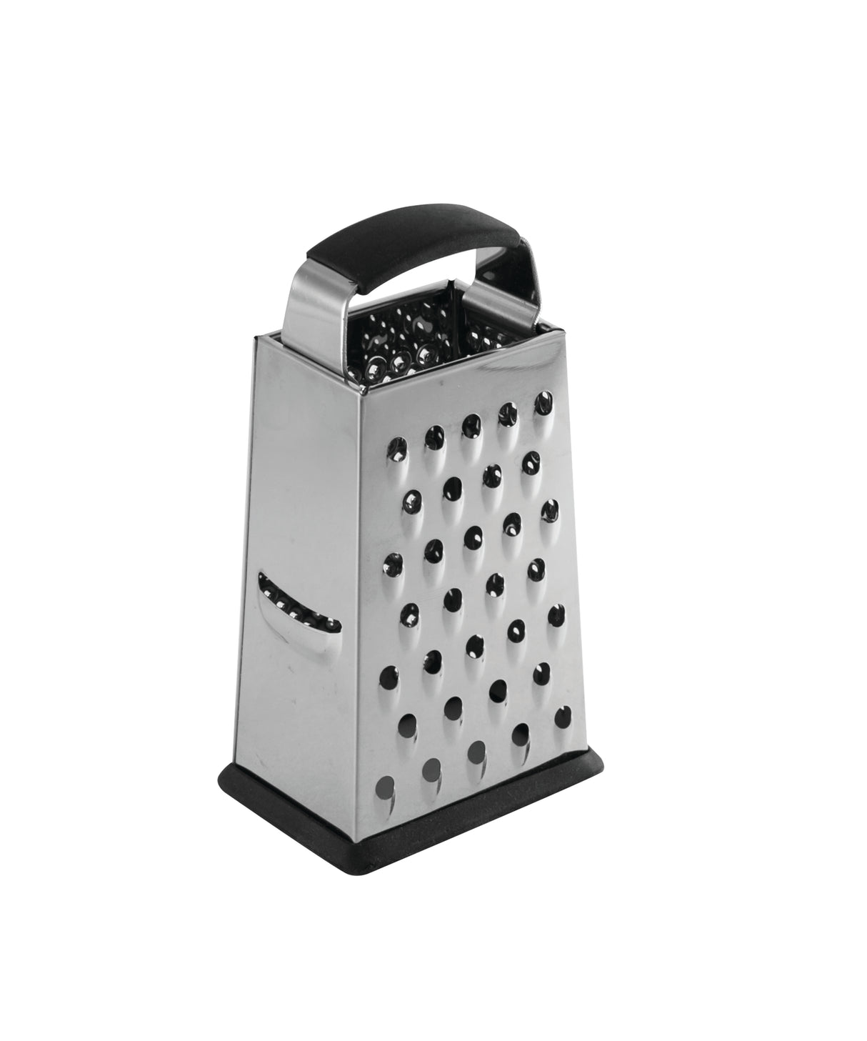 A stainless steel box grater with a black plastic handle and base, featuring four sides for slicing and both fine and coarse grating. This box grater is dishwasher safe and stands upright on a white background.