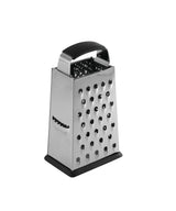 A stainless steel box grater with a black plastic handle and base, featuring four sides for slicing and both fine and coarse grating. This box grater is dishwasher safe and stands upright on a white background.