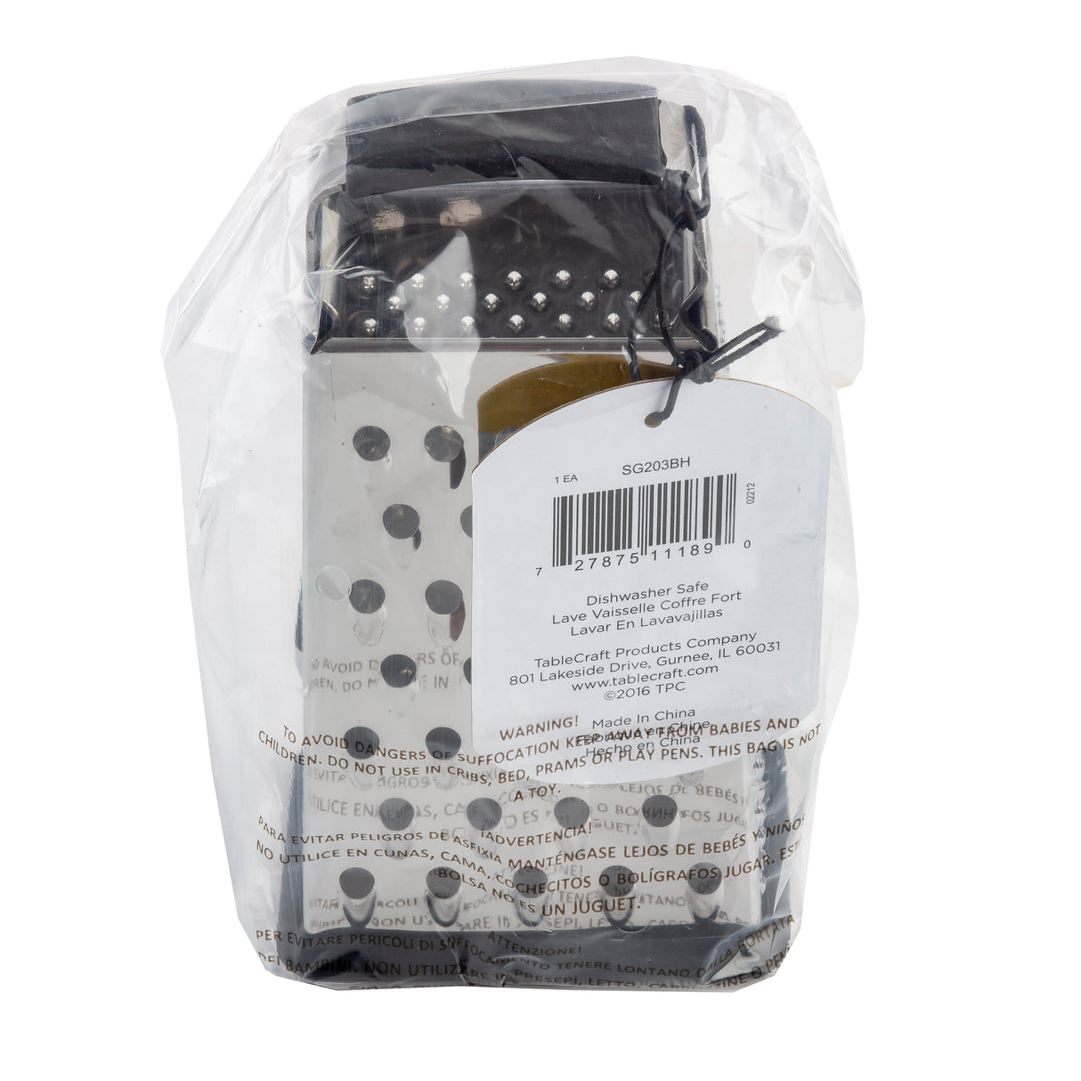 A stainless steel box grater with a black handle, packaged in a clear plastic bag. A white label with a barcode and product information is on the bag. Multiple shredding surfaces are visible through the packaging. Dishwasher safe for easy cleaning.