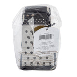 A stainless steel box grater with a black handle, packaged in a clear plastic bag. A white label with a barcode and product information is on the bag. Multiple shredding surfaces are visible through the packaging. Dishwasher safe for easy cleaning.