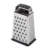 A stainless steel box grater with four sides, each offering different-sized grating holes. It features a black plastic handle and rubber base for stability, is dishwasher safe, and stands upright on a white background.