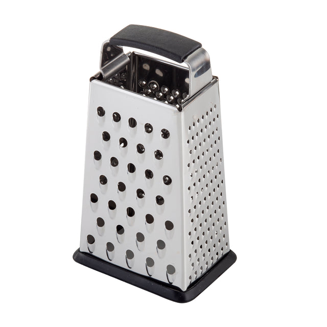 A stainless steel box grater with four sides, each offering different-sized grating holes. It features a black plastic handle and rubber base for stability, is dishwasher safe, and stands upright on a white background.