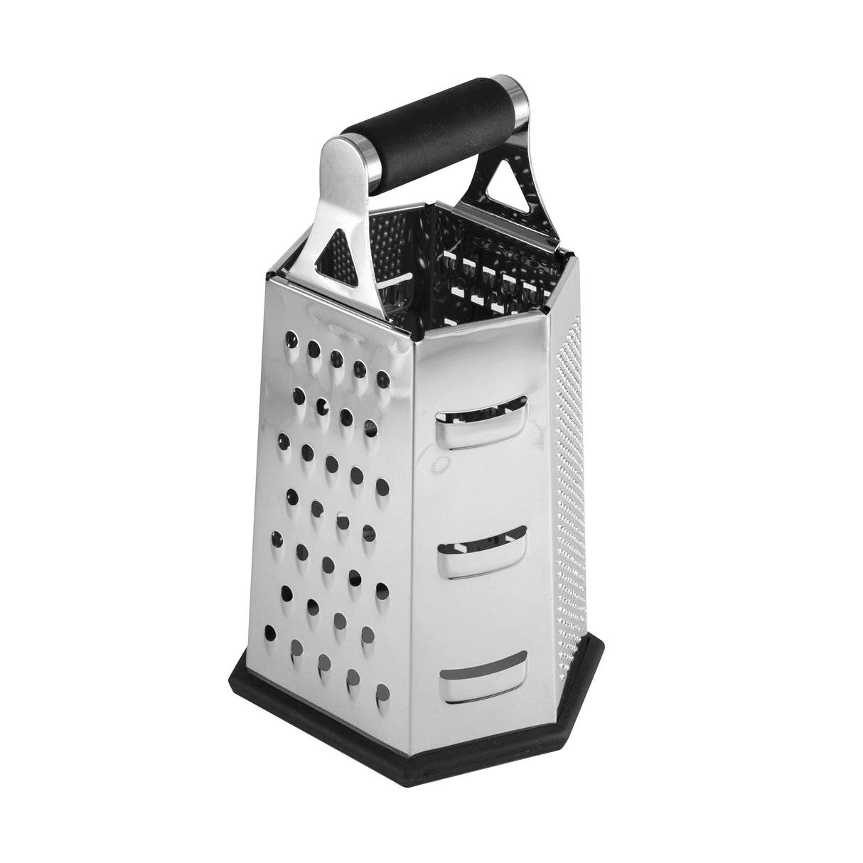 A stainless steel box grater with a black handle and rubber base. It features four sides for slicing, shredding, and grating foods like cheese or vegetables. The box grater is dishwasher safe and stands upright on a white background.