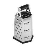 A stainless steel box grater with a black handle and rubber base. It features four sides for slicing, shredding, and grating foods like cheese or vegetables. The box grater is dishwasher safe and stands upright on a white background.