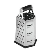 A stainless steel box grater with a black handle and rubber base. It features four sides for slicing, shredding, and grating foods like cheese or vegetables. The box grater is dishwasher safe and stands upright on a white background.