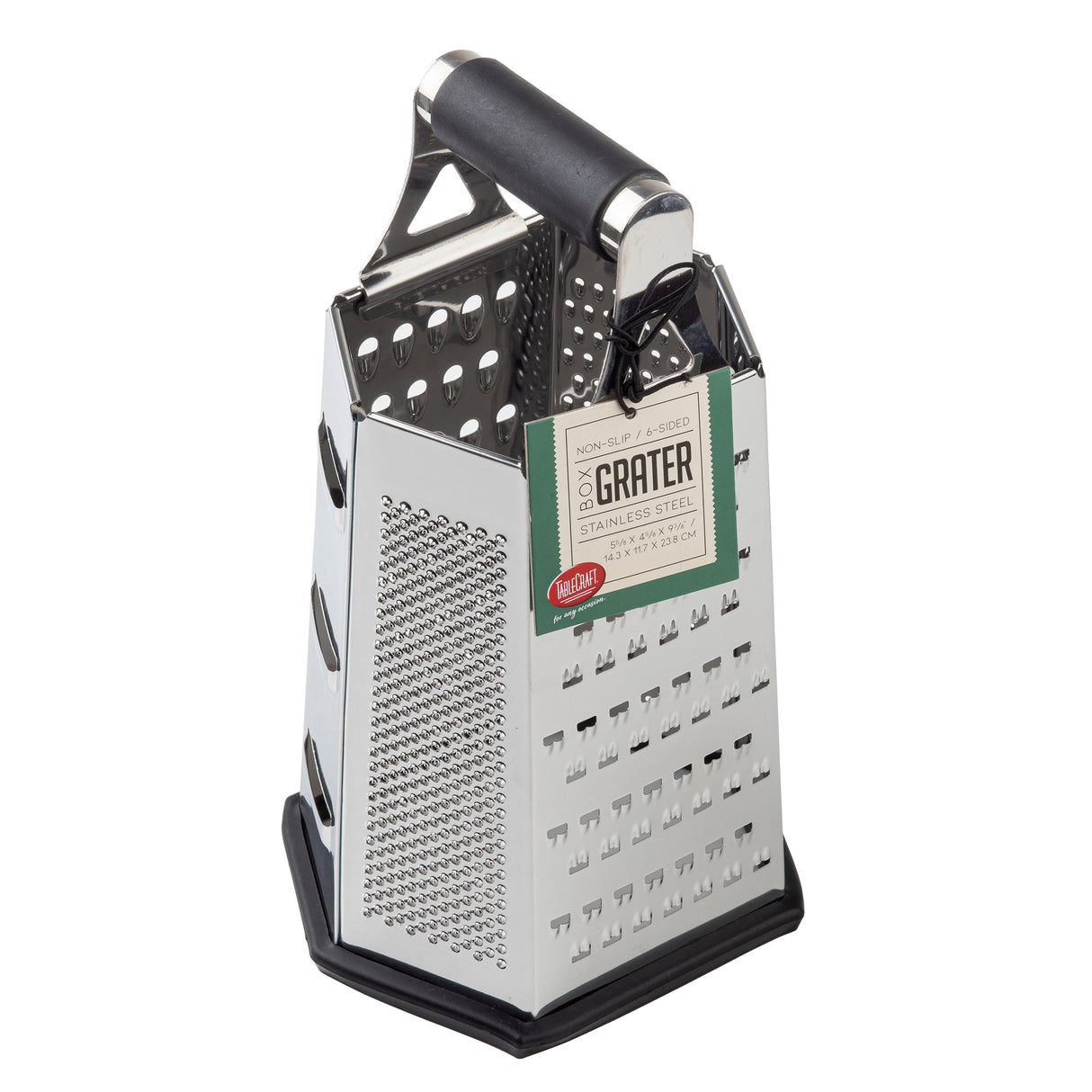 A stainless steel box grater with four sides, each offering different grating surfaces. It has a black plastic handle, a label on one side, and stands upright on a black non-slip base. This box grater is also dishwasher safe for easy cleaning.