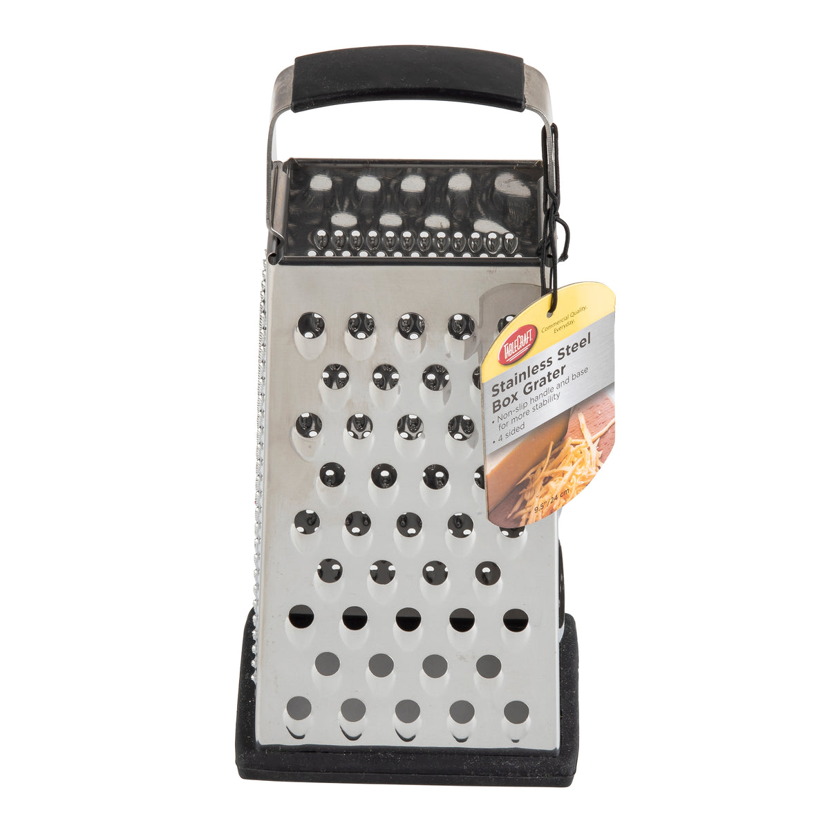 A stainless steel box grater with a black handle and base stands upright. A product tag showing grated cheese reads "Stainless Steel Box Grater." This box grater features multiple shredding surfaces and is dishwasher safe for easy cleaning.