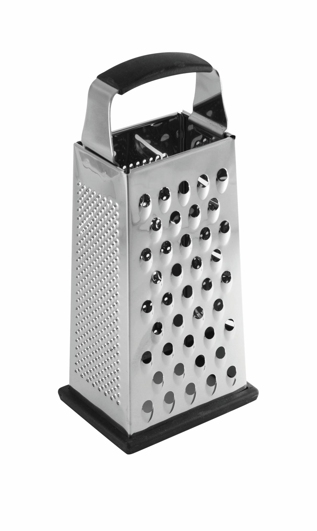 A stainless steel box grater with four sides featuring different grating surfaces. It has a black, ergonomic handle on top, a sturdy base, and is dishwasher safe. The grater is shown standing upright against a white background.