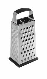 A stainless steel box grater with four sides featuring different grating surfaces. It has a black, ergonomic handle on top, a sturdy base, and is dishwasher safe. The grater is shown standing upright against a white background.