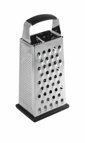 A stainless steel box grater with four sides featuring different grating surfaces. It has a black, ergonomic handle on top, a sturdy base, and is dishwasher safe. The grater is shown standing upright against a white background.