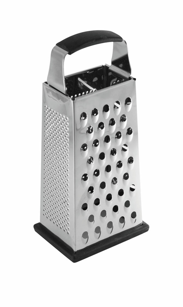 A stainless steel box grater with four sides featuring different grating surfaces. It has a black, ergonomic handle on top, a sturdy base, and is dishwasher safe. The grater is shown standing upright against a white background.