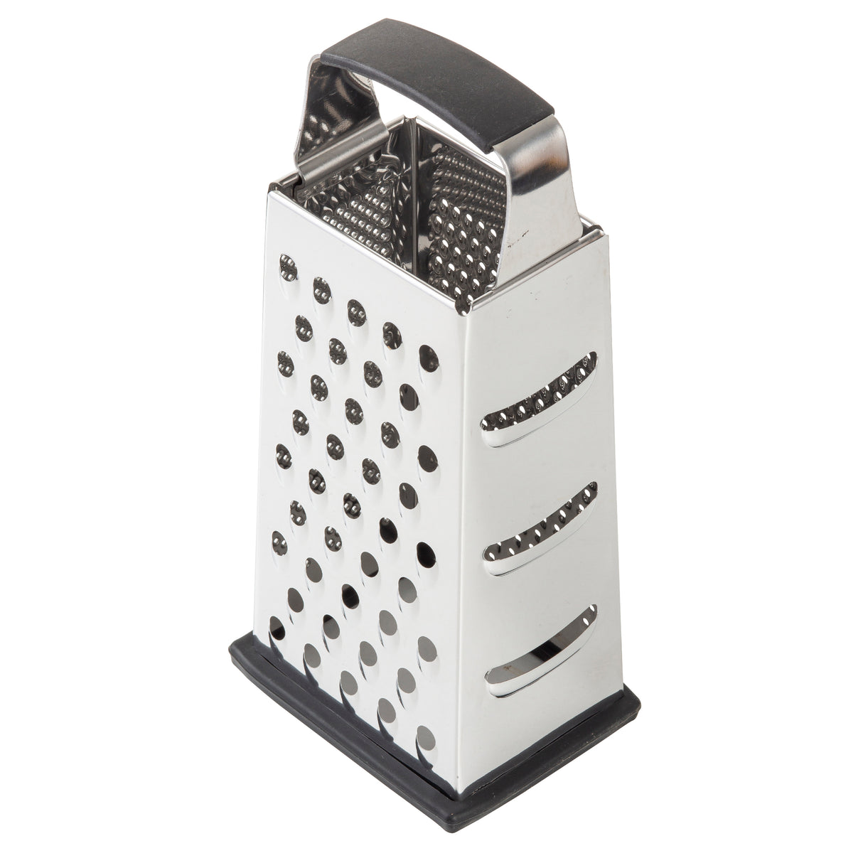 A stainless steel box grater with a black rubber handle and base. Each side features different grating surfaces: large holes, small holes, fine shredding, and slicing blades. Dishwasher safe and photographed on a white background.