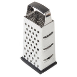 A stainless steel box grater with a black rubber handle and base. Each side features different grating surfaces: large holes, small holes, fine shredding, and slicing blades. Dishwasher safe and photographed on a white background.