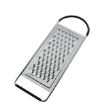 A stainless steel grater with a flat rectangular surface, large grating holes, and black handles on both ends. This flat grater is angled slightly to the right and isolated on a white background. Dishwasher safe for easy cleaning.