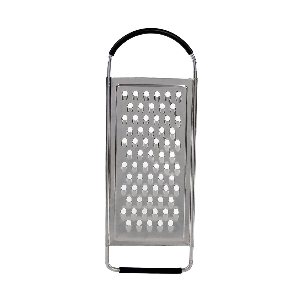 A stainless steel flat grater with a rectangular surface, large shredding holes, a black handle on top, and a black grip at the bottom stands upright against a white background. This grater is also dishwasher safe for easy cleaning.