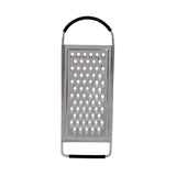 A stainless steel flat grater with a rectangular surface, large shredding holes, a black handle on top, and a black grip at the bottom stands upright against a white background. This grater is also dishwasher safe for easy cleaning.