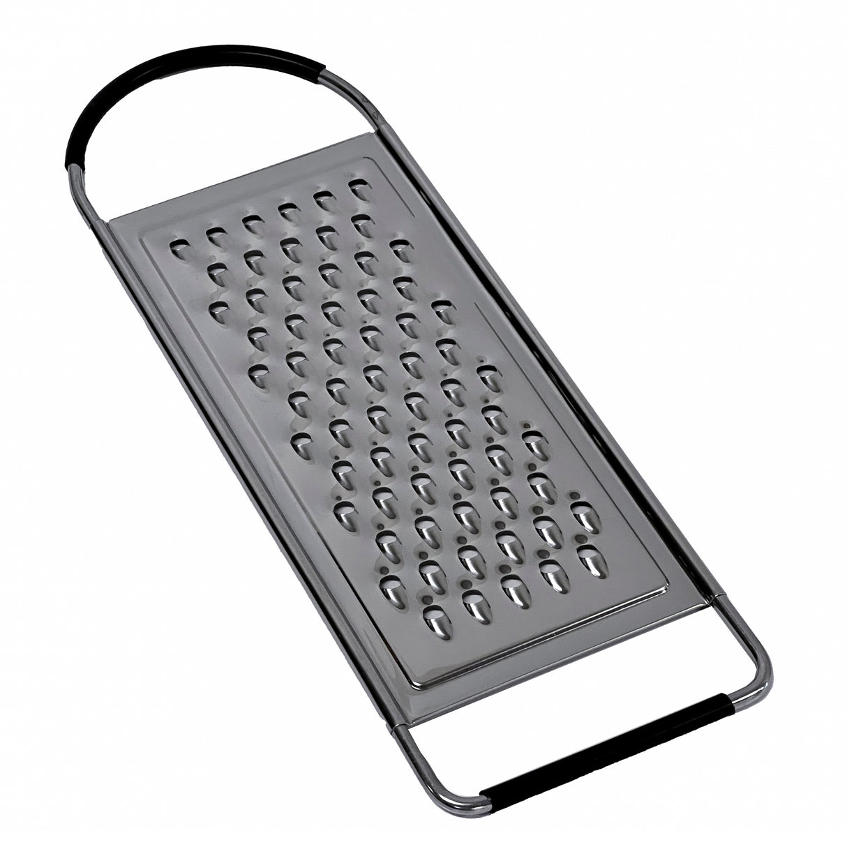 A flat grater featuring large oval holes and black grips on both ends. This shiny stainless steel grater is perfect for shredding cheese or vegetables and is dishwasher safe for easy cleaning.