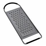 A flat grater featuring large oval holes and black grips on both ends. This shiny stainless steel grater is perfect for shredding cheese or vegetables and is dishwasher safe for easy cleaning.