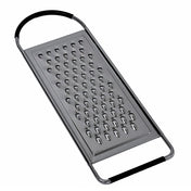 A flat grater featuring large oval holes and black grips on both ends. This shiny stainless steel grater is perfect for shredding cheese or vegetables and is dishwasher safe for easy cleaning.