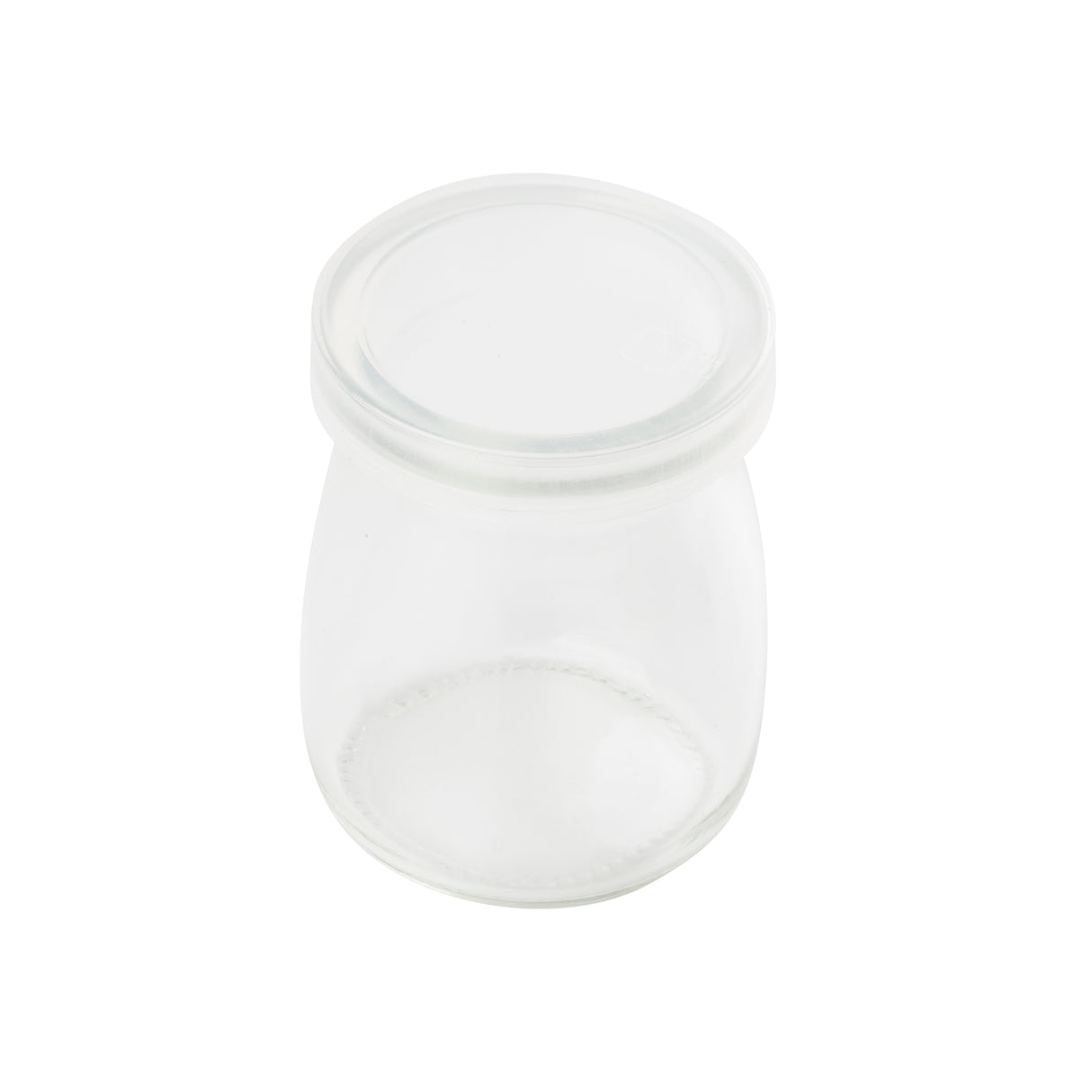 A small, clear single-serve jar with a matching glass lid, viewed from above on a white background. The jar is empty and has smooth, rounded sides with no visible markings or labels.